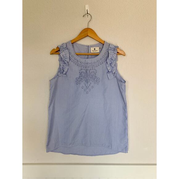 Betsey’s Boutique Blue White Stripe Embroidered Ruffle Tank Blouse Preppy Small - Picture 1 of 5